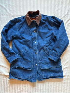 Vintage Woolrich Denim Barn Coat Blanket Lined Jacket Women Medium Made in USA
